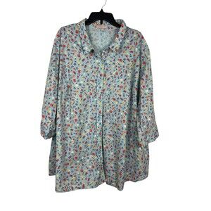 Woman Within 4X Blue Floral Button Up Tunic Top Cotton Plus Size Office Spring